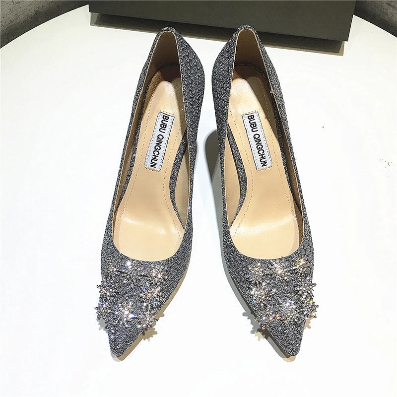 

Free shipping Casual Designer grey silver glitter strass crystal point toe High heels pumps bride wedding shoes 8cm 6cm party