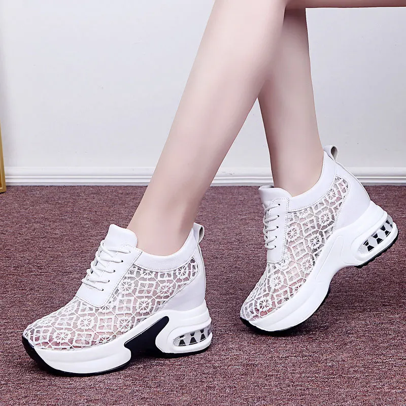 

Women White Shoes Breathable Mesh Chunky Platform Sneakers Summer Ladies Lace Floral Hollow Out Wedge Heels Casual Footwear 2021