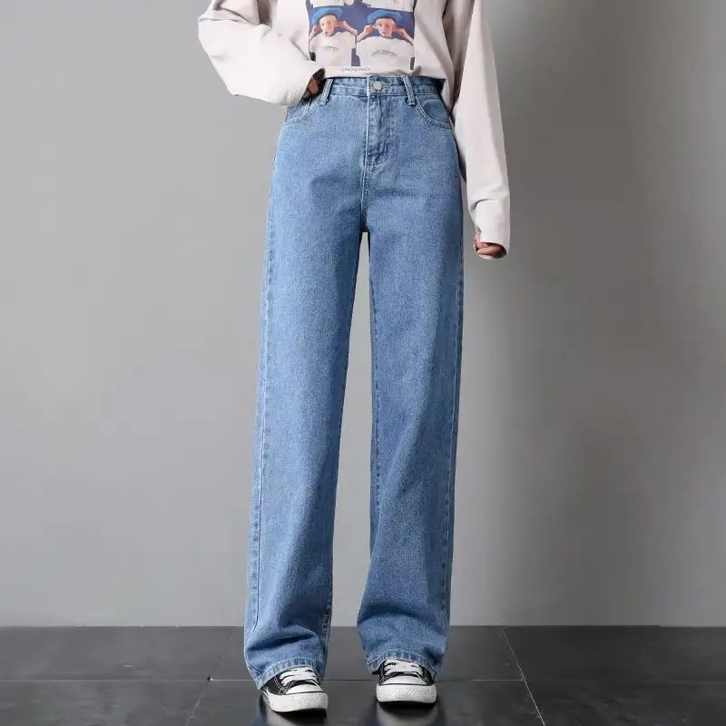 Woman Jeans High Waist Adjustable Size Wide Leg Denim Clothing Blue Streetwear Vintage Quality Fashion Harajuku Straight Pants