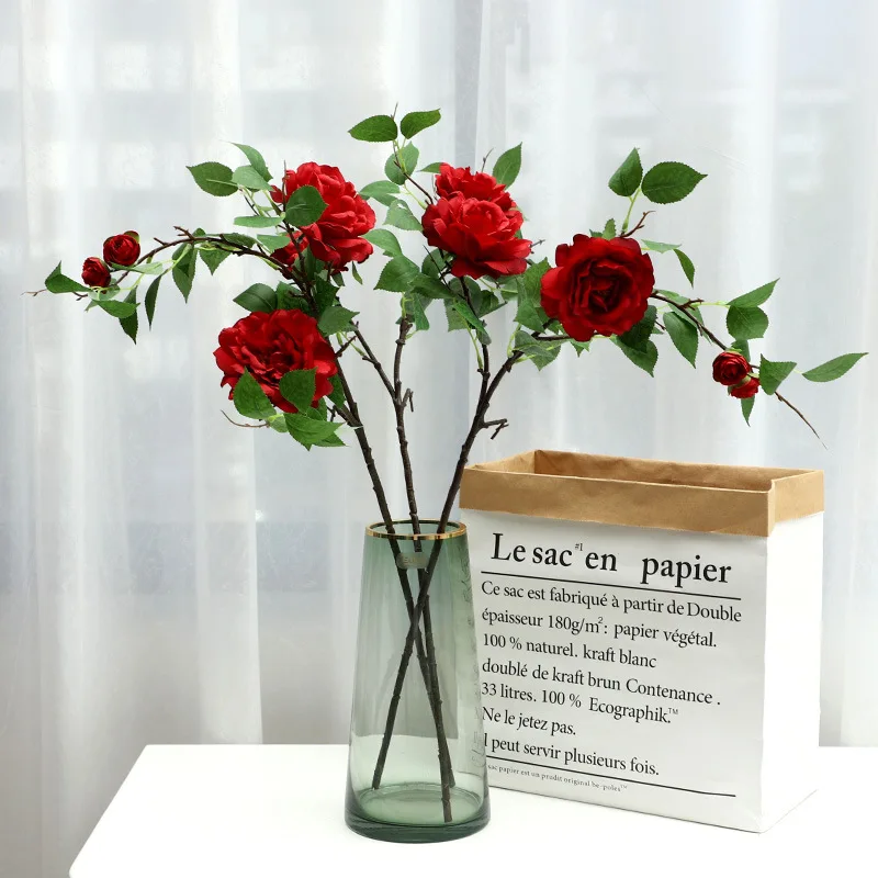 

High-Quality Simulation 3 Camellia Rose Artificial Flower Bonsai Fake Green Plants Home Desktop Decoration Holiday Gift