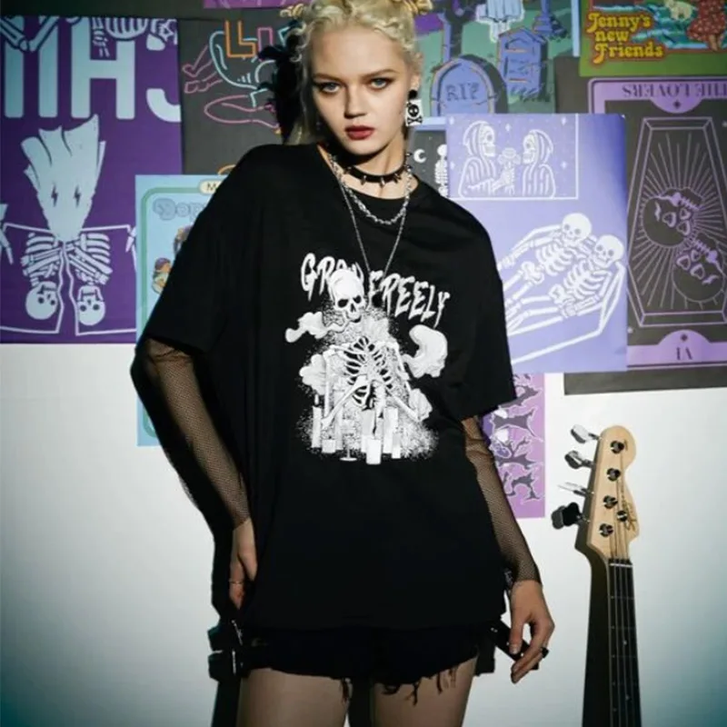 Summer Goth Female Tee Aesthetic Loose men and womenT-shirt Punk Dark Grunge Streetwear gothic Top T-shirts Harajuku y2k Clothes | Женская