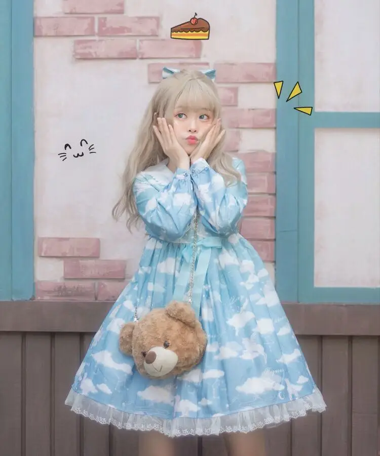 

Sweet lolita dress white clouds printing vintage lace bowknot peter pan collar victorian dress kawaii girl gothic lolita op loli