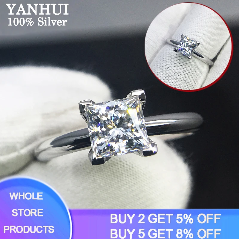 

YANHUI Free Sent Certificate 100% Original 925 Solid Silver Square 1.0ct Zircon Engagement Wedding Rings For Women Fine Jewelry