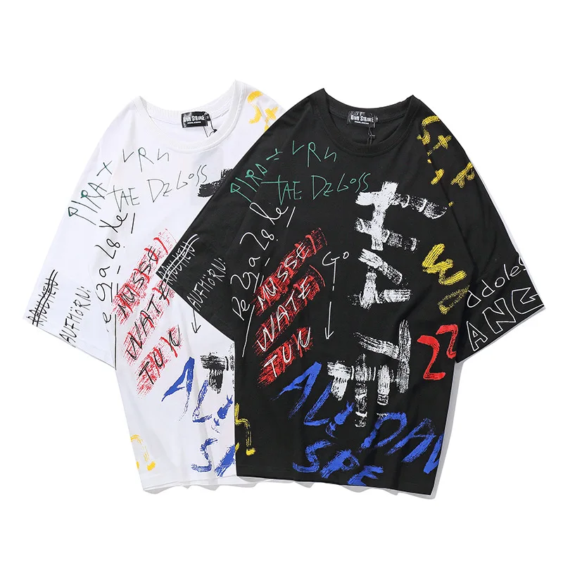 

Футболка мужская с принтом граффити в стиле Харадзюку, Повседневная Уличная одежда в стиле хип-хоп, модные хлопковые топы с коротким рукаво...