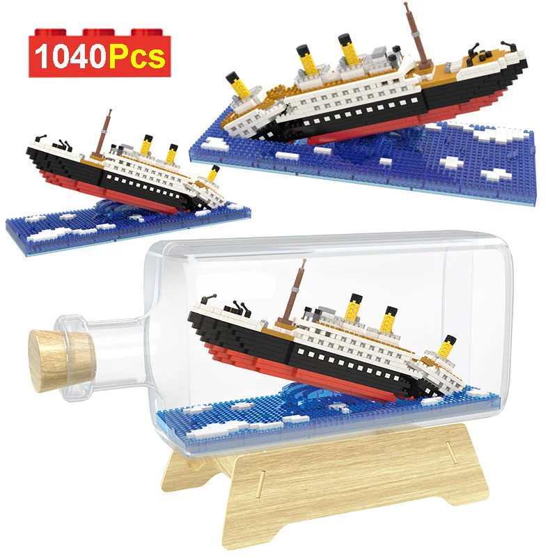 Creative Series 1040Pcs Classic Titanic Ship in Bottle Decoration Model Building Blocks Diamond Micro Bricks Toys Kids Gifts | Игрушки и