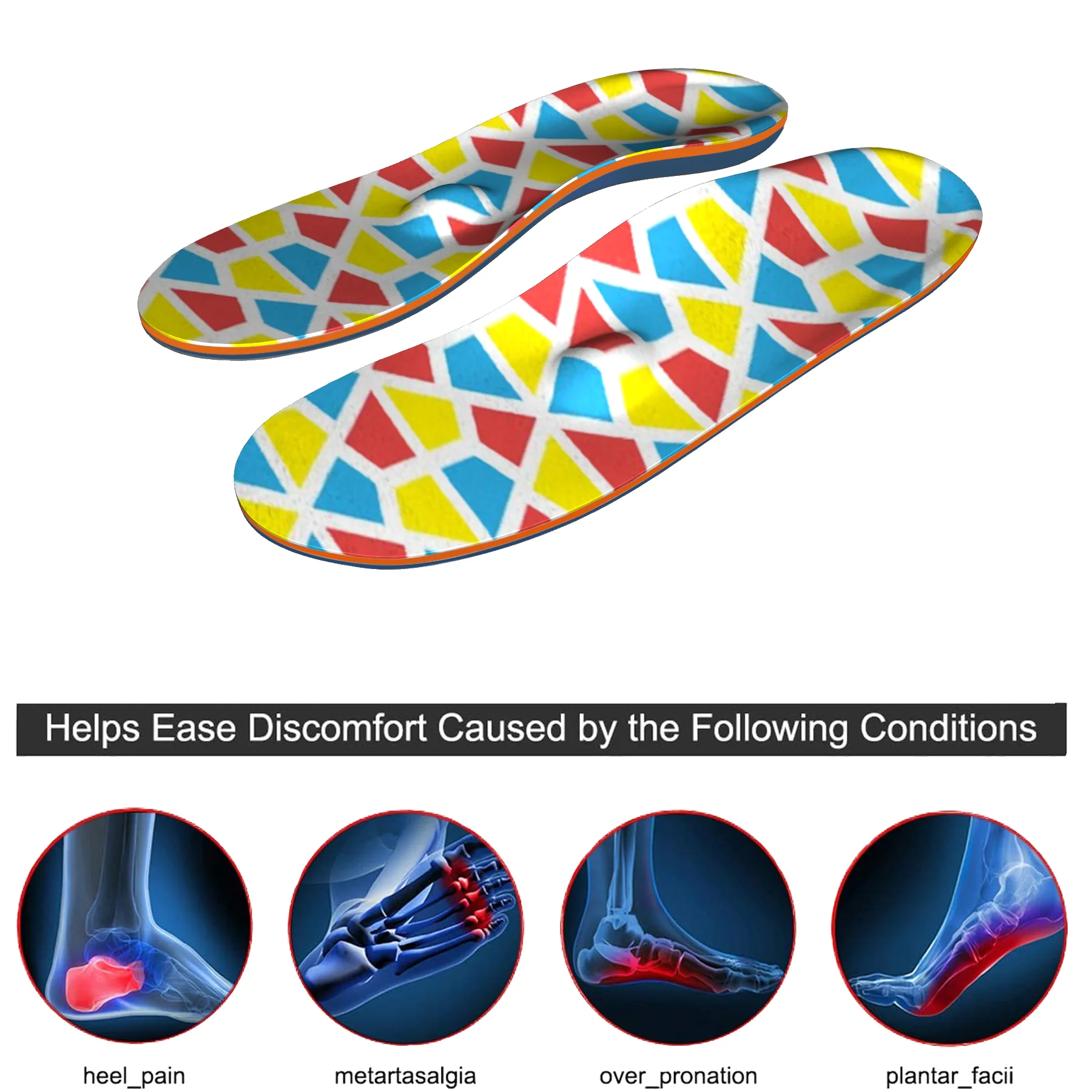 Colorful Blocks Flat Feet Plantar Fasciitis Orthotic Inserts Orthopedic Shoe for Women and Men Arch Support Foot Pain relief