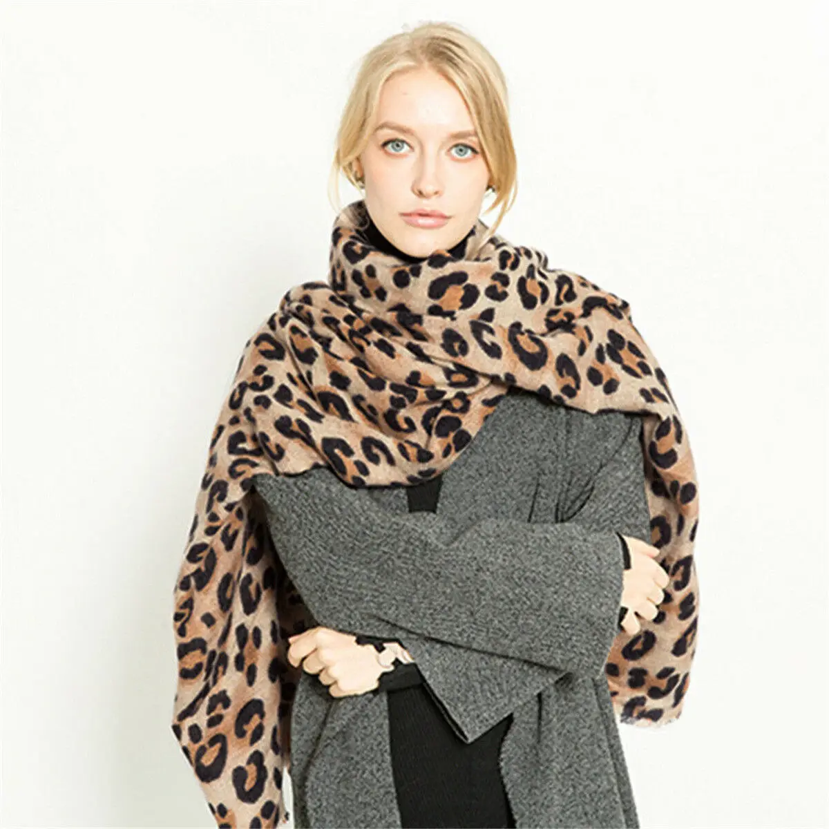 

Women Ladies Winter Warm Scarf Leopard Print Cape Wrap Wool Soft Thicken Scarf