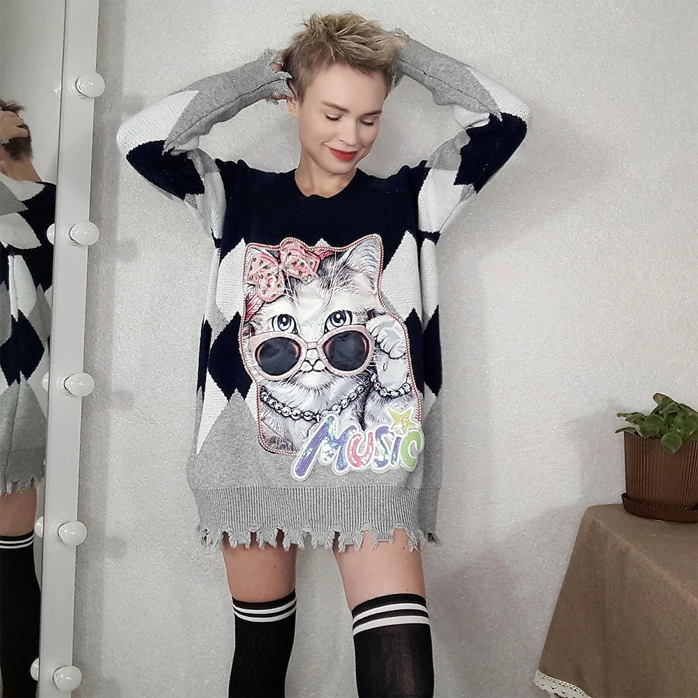 

Женский пуловер средней длины, повседневный свободный Свитер оверсайз в Корейском стиле с принтом животных, уличная одежда для осени и зимы
