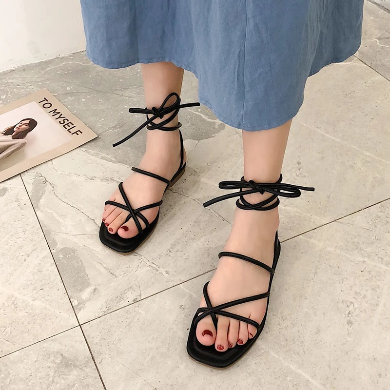 

Women Sandals 2021 Summer Ankle Lace Up Casual Flat Thin Rope Shoes Female Gladiator Sandals Fashion Narrow Band Low Heels Shoes