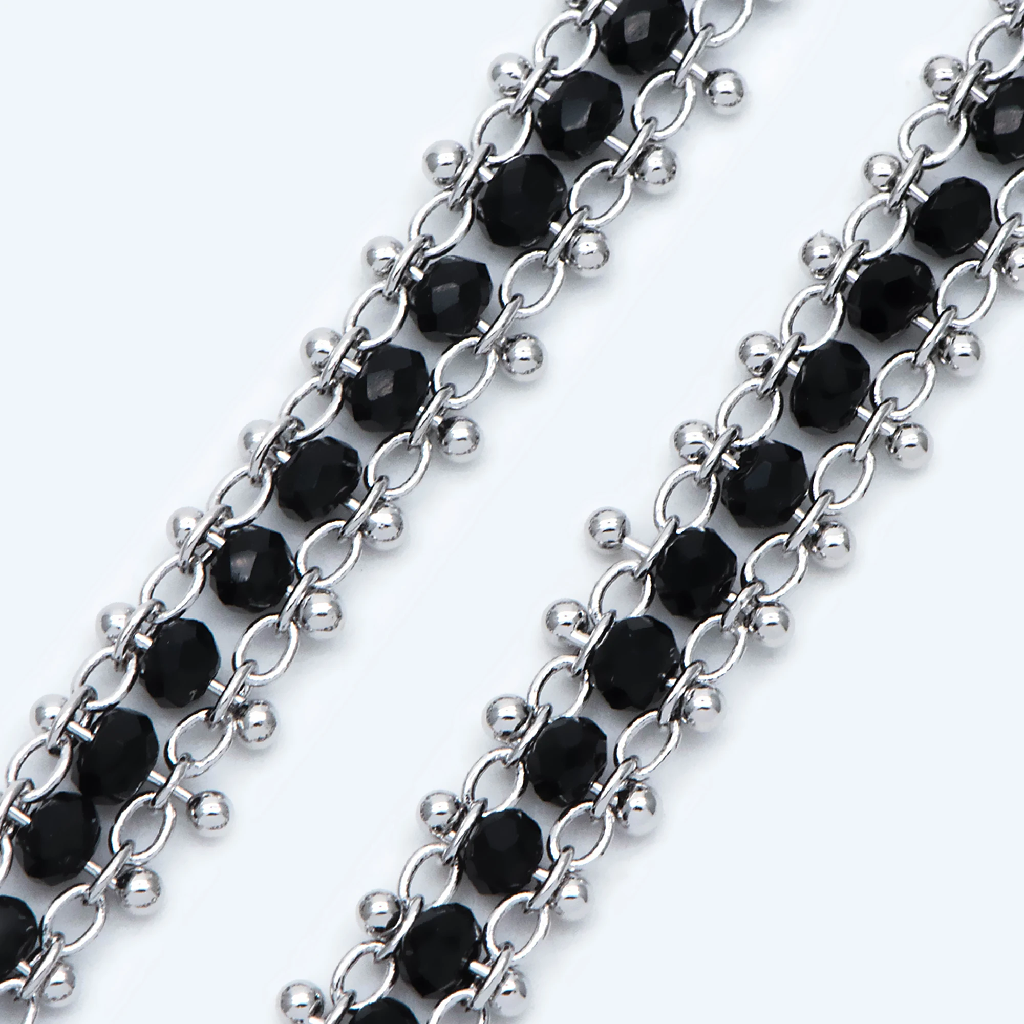 

Rhodium Plated Brass Beaded Chain 7mm, Silver Pone Designer Chain, with Black Crystal Glass Rondelle Beads (#LK-484)/ 1 Meter