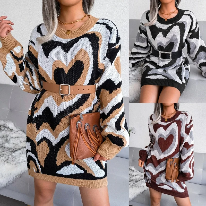 

Casual Love Sweater Dress Women Fashion Loose High Neck Geometric Contrast Knitted Skirt Temperament Long-sleeved Slim Pullover