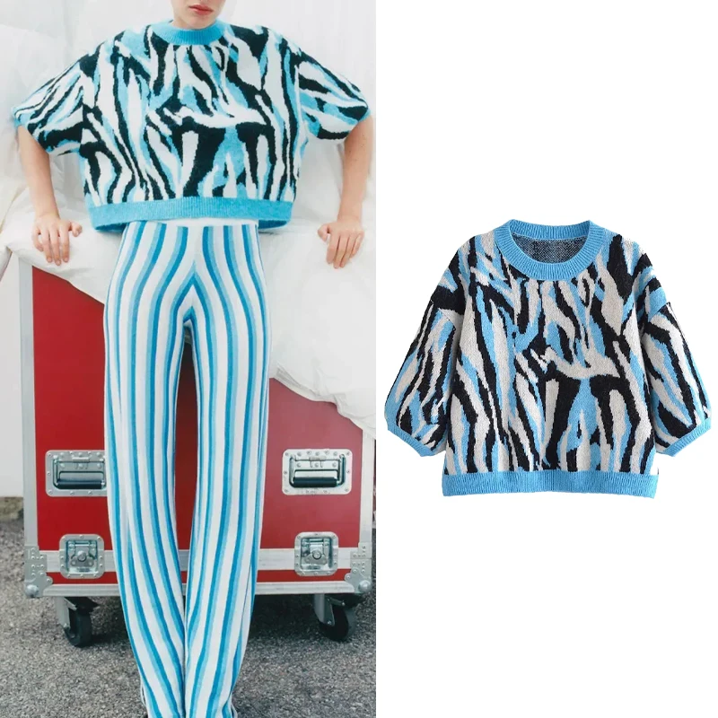 

Женский жаккардовый свитер Za, Повседневный пуловер с круглым вырезом, с животным принтом, в стиле ретро, Осень-зима 2021