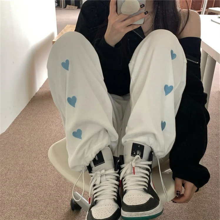 

Large Size Women's White Love Pants Women's High Waist Slimming Tappered Fat mm Loose Track Pants All-Matching Casual Sweatpants