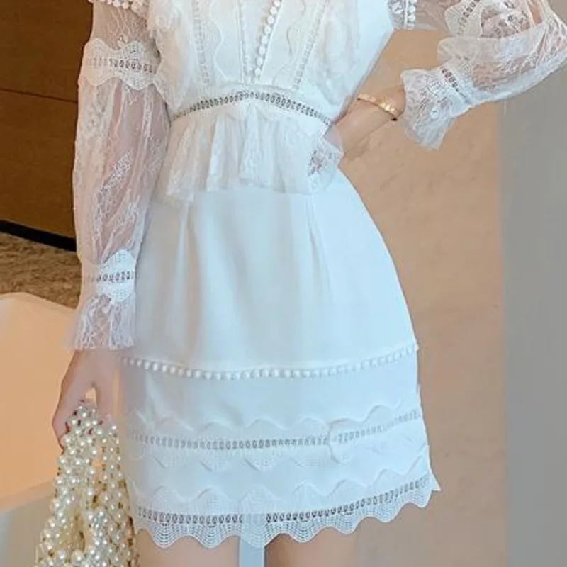 

High Quality Luxury Design Puff Sleeve Robe Women Spring Sexy High Waist Patchwork Ruffles White Hollow Out Mini Dress Vestidos