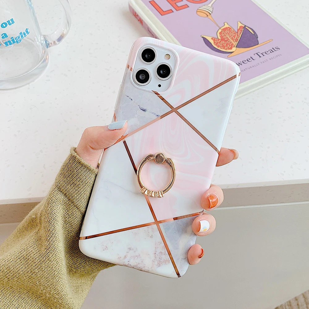 w Чехол для телефона LOVECOM для iPhone 11 Pro XR XS Max 6 6S 7 8 Plus X Мягкая Гальваническая мраморная задняя крышка с кольцом на палец - Цвет: w