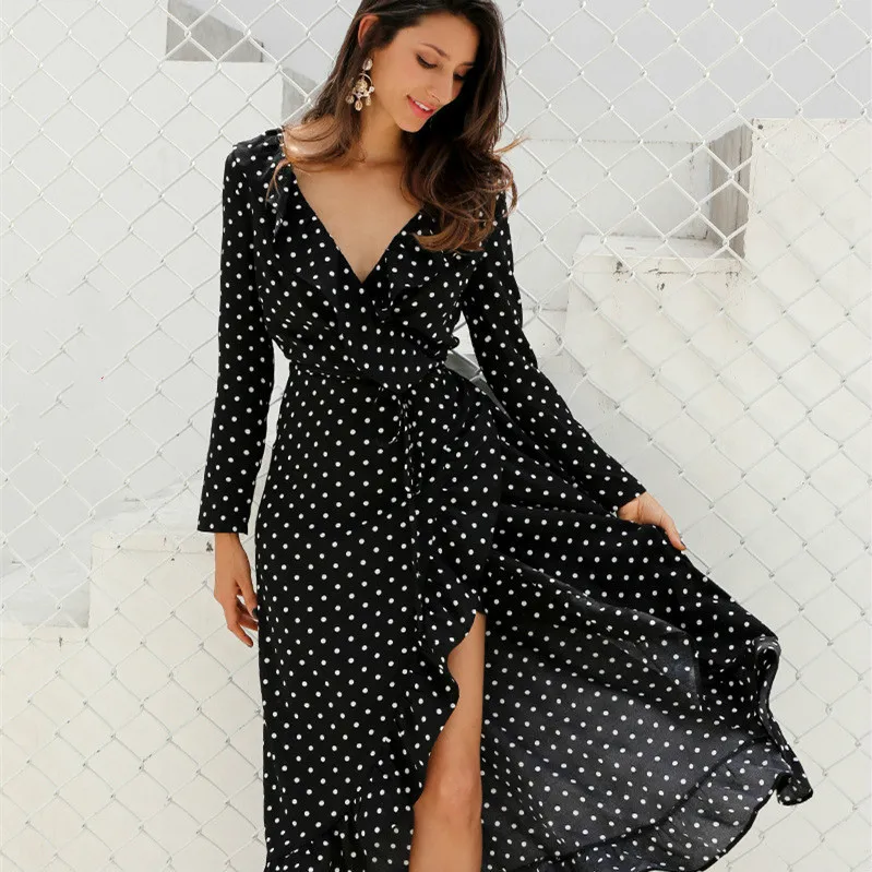 Женское шифоновое платье макси в горошек повседневное ТРАПЕЦИЕВИДНОЕ ПЛАТЬЕ С v
