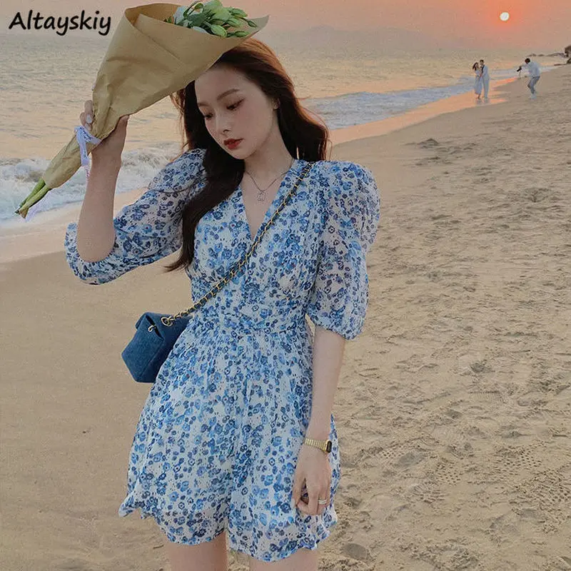 

Print Dress Women Chiffon Loose Spring Simple Elegant Stylish Soft Holiday Ulzzang Ladies Fashion Ins V-neck Popular All-match