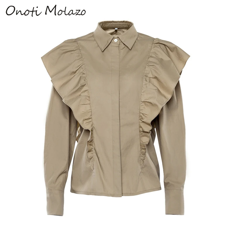 Onoti Molazo Casual Blouse Women Top Ruffles Solid Shirts Elegant Ladies Tops Blouses Chic Female 2020 Spring New Fashion | Женская