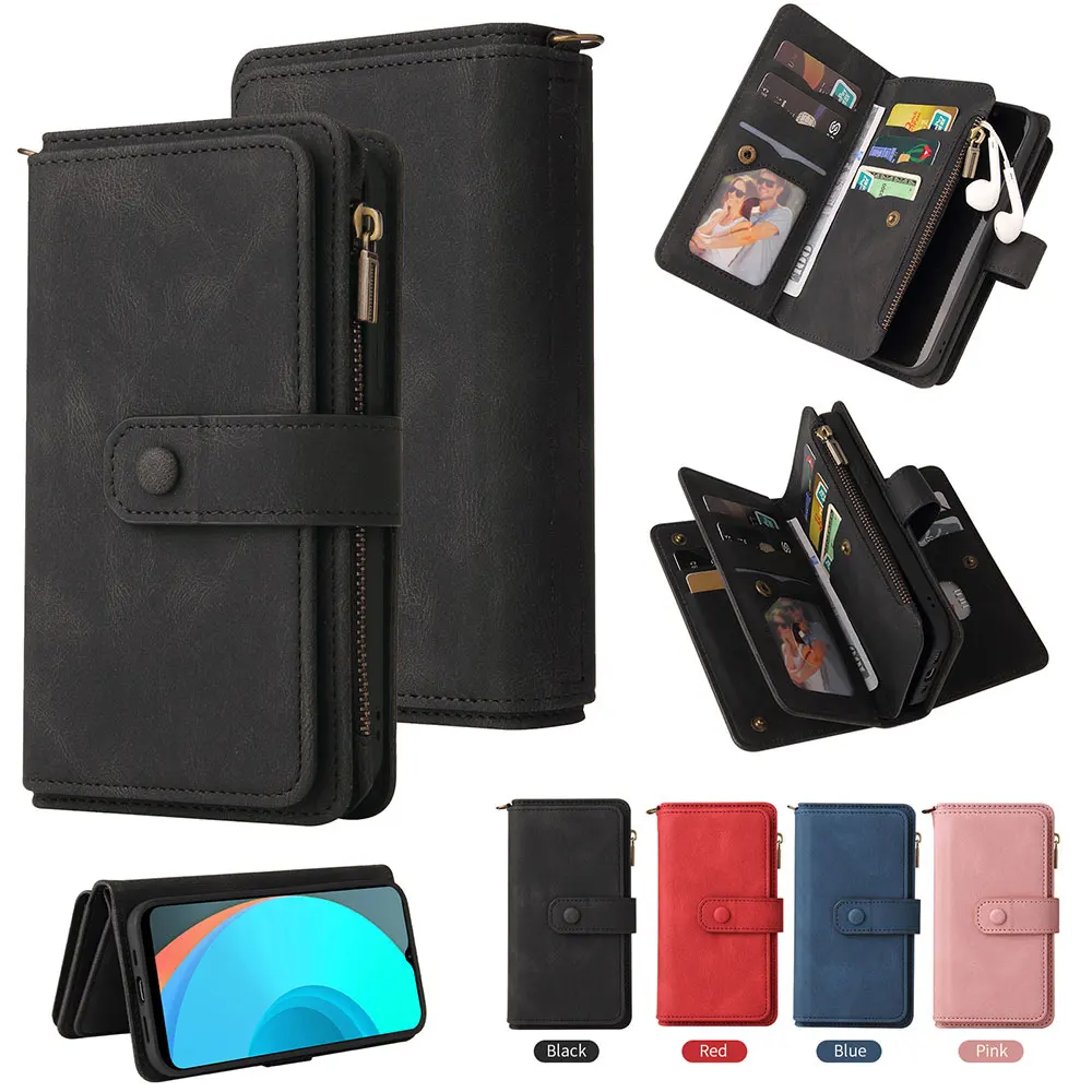 

Luxury Skin feel Leather Cover For OPPO Realme C11 zipper Wallet Bag with 15 Card Slots Flip Case For OPPO Realme C11