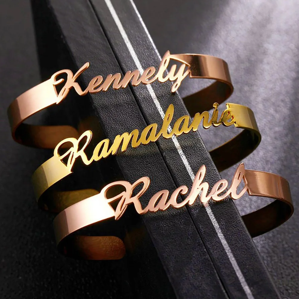 

HUHUI Custom Name Bangle Personalized Letter Open Cuff Adjustable Bangles Women Men Stainless Steel Jewelry Anniversary Gift