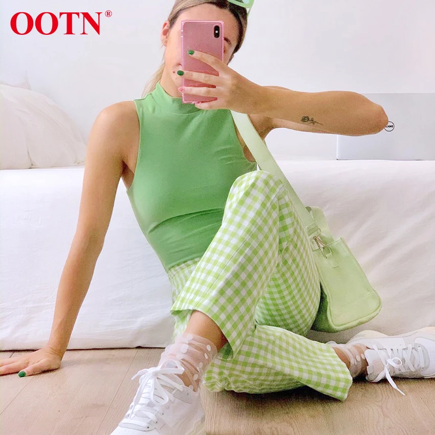 Женские прямые брюки OOTN зеленые летние повседневные с высокой талией винтажные