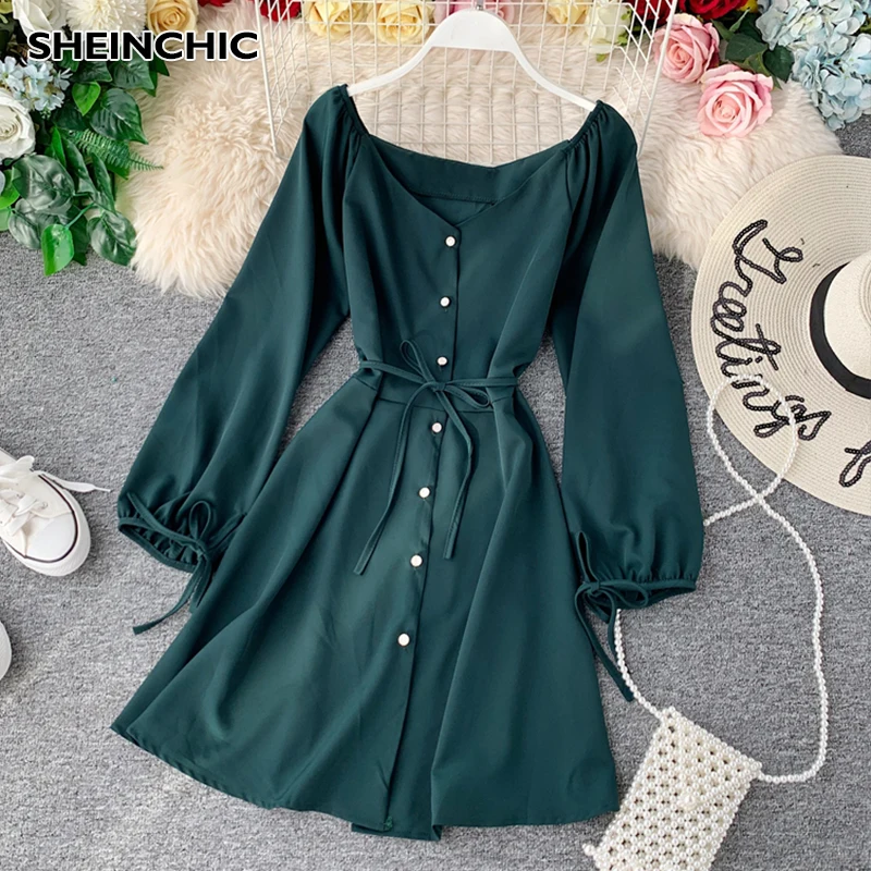 Женское однобортное платье мини однотонное зеленое/черное/красное с длинным