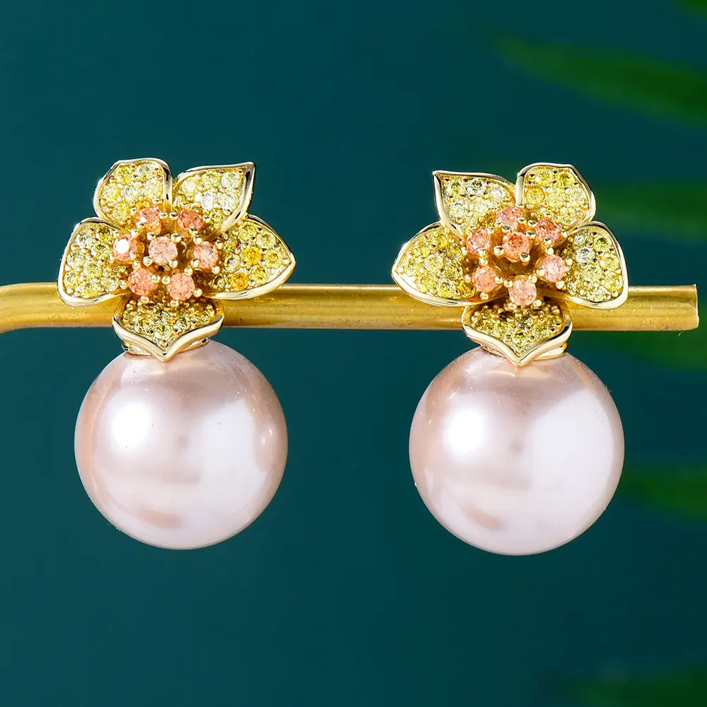 

GODKI модные повседневные жемчужные цветочные массивные серьги-гвоздики для женщин Свадебные кубические циркониевые серьги с кристаллами юв...