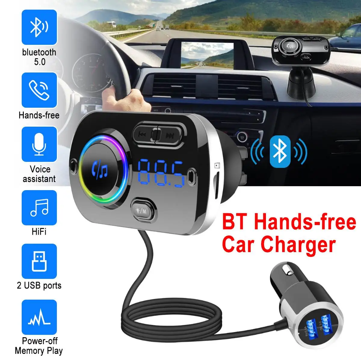Bluetooth 5,0, Поддержка Siri, FM передатчик, FM модулятор, 2 порта, быстрая зарядка, зарядное устройство, 3,0, Handsfree, автомобильный комплект, MP3 плеер
