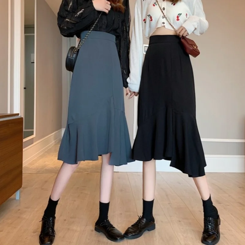 

Женская Асимметричная черная юбка-годе, Новинка весна-осень 2021, облегающая трапециевидная юбка с завышенной талией, юбка средней длины с за...