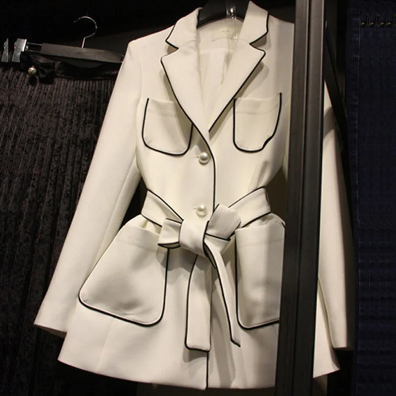 

2020 spring autumn women Korean color block pearls buttons pockets belt brief blazers OL casual blazer coats white black A101