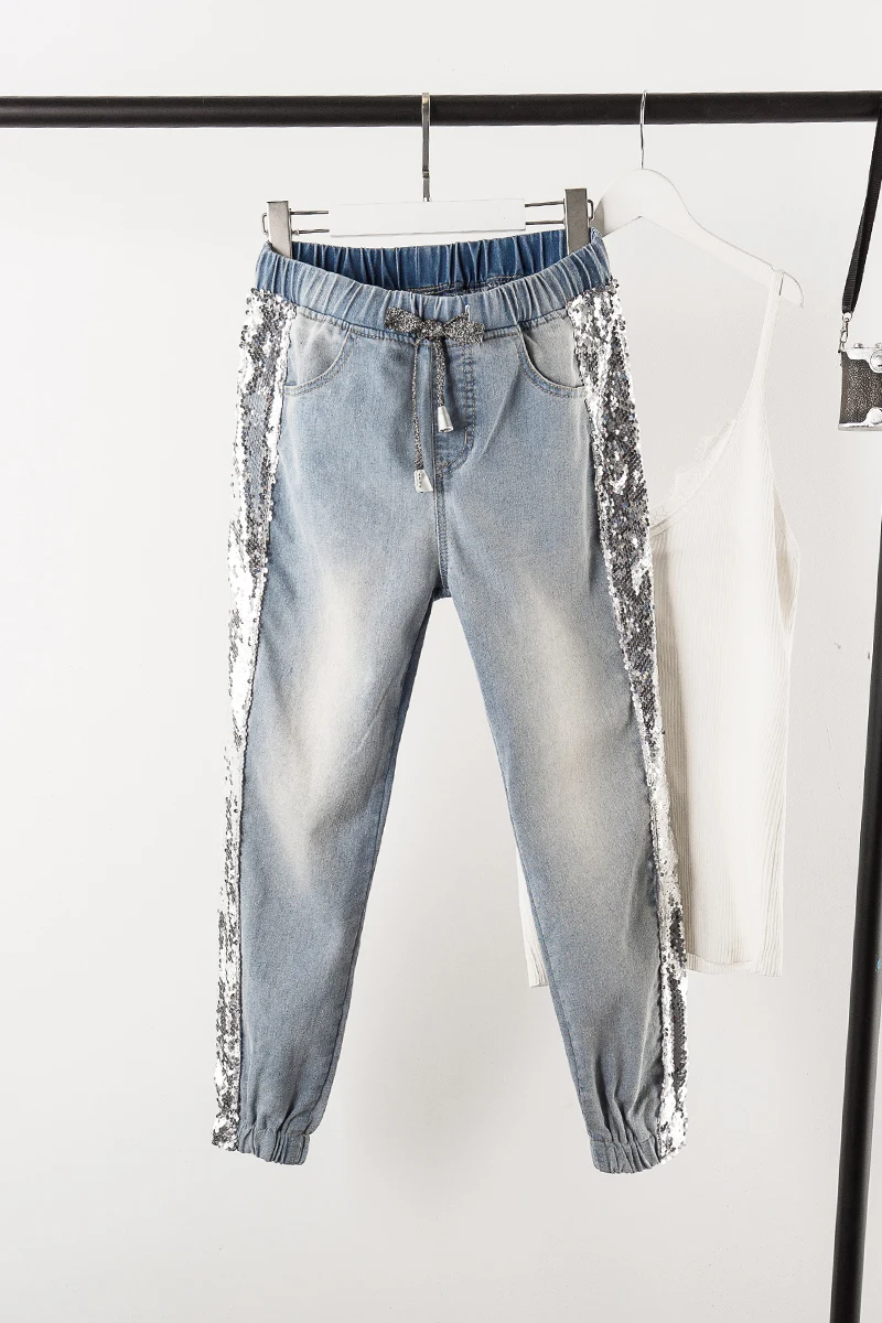 Винтажные джинсы Mom с блестками рваные джинсы-бойфренды для женщин узкие женские