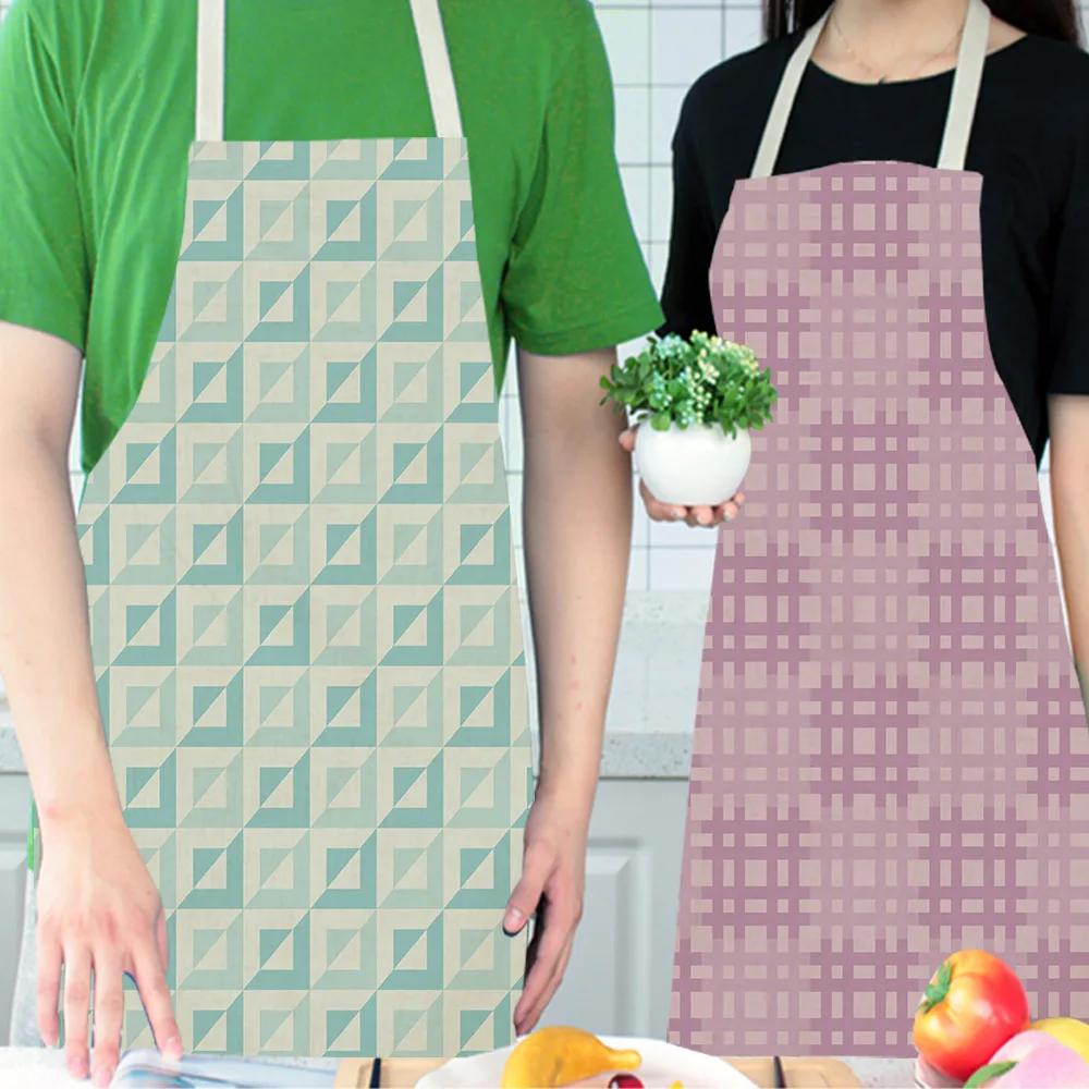 

Yellow Geometric Printed Kitchen Aprons for Women Man Stripe Wave Home Cooking Baking Shop Cleaning Cotton Linen Apron 66x47cm