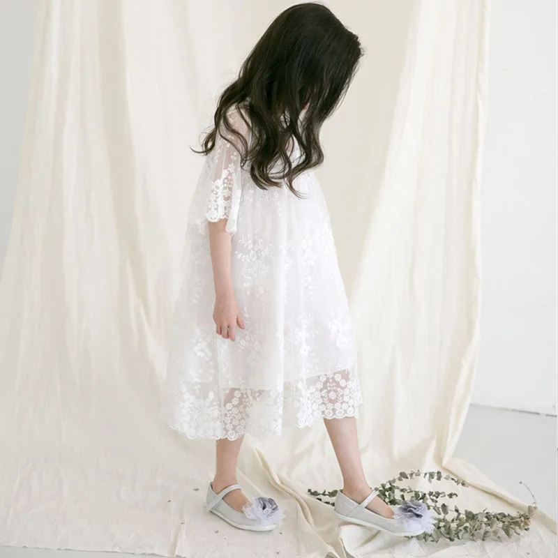 Кружевное платье с цветочным рисунком для девочек белое принцессы рукавом