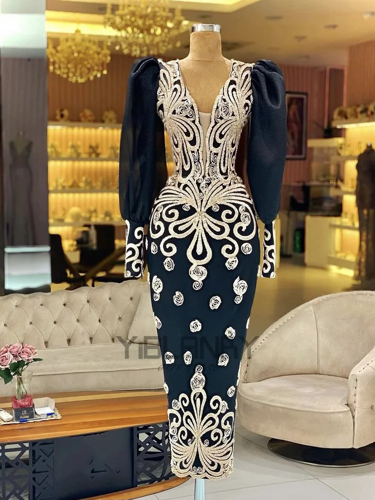 

YILIBER Evening dresses 2021 vintage vlack pearls long sleeves evening gowns beading prom dresses for women short dresses