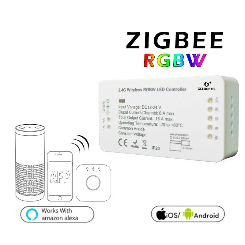 ZigBee ZLL RGBW контроллер+ 5 м/10 м 12 В/24 В RGBW RGBWW 4в1 5050 60 светодиодный s светодиодный блок питания совместимый с Alexa Echo
