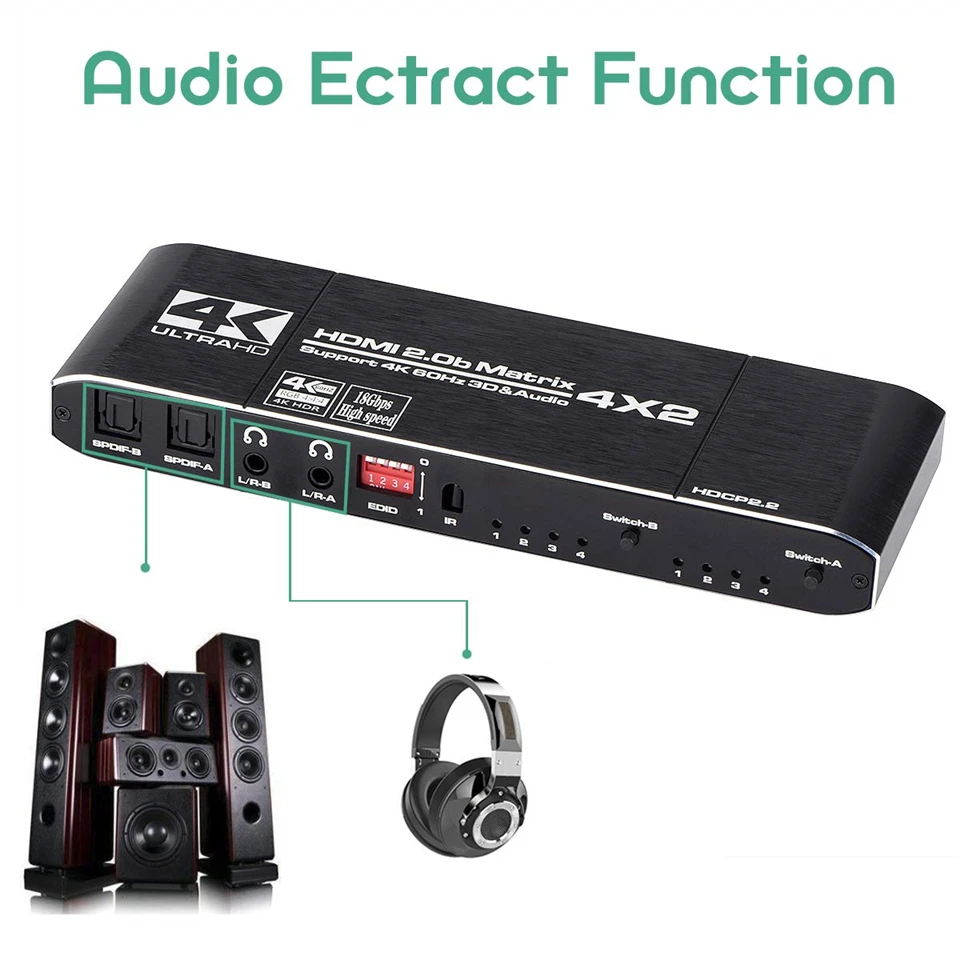 Navceker 18.5 Gbps HDMI Matrix 4x2 4K@60Hz HDMI Switch Splitter with SPDIF and L/R 3.5mm HDR HDMI Switch 4x2 Support HDCP 2.2 3D