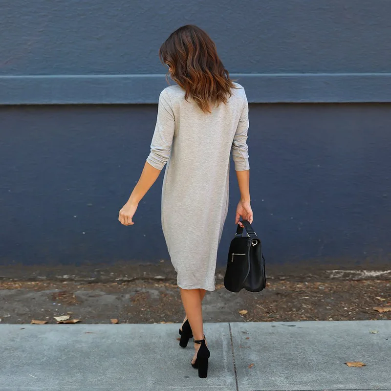 

Fall Nine-point Sleeve Round Neck Pullover Irregular Ladies Dress Solid Color Knee-Length Straight Dress for Office Lady