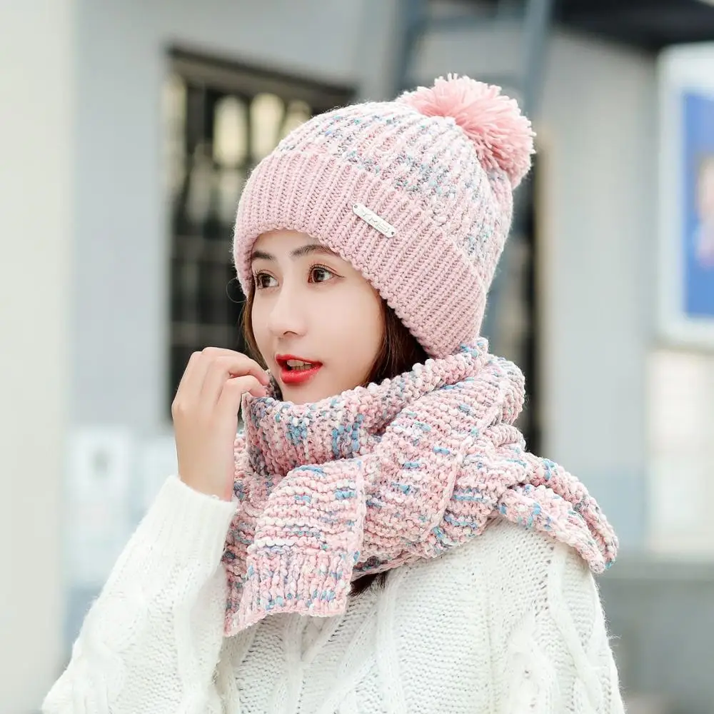 Женский Зимний вязаный комплект из шапки и шарфа плотная теплая вязаная шапка
