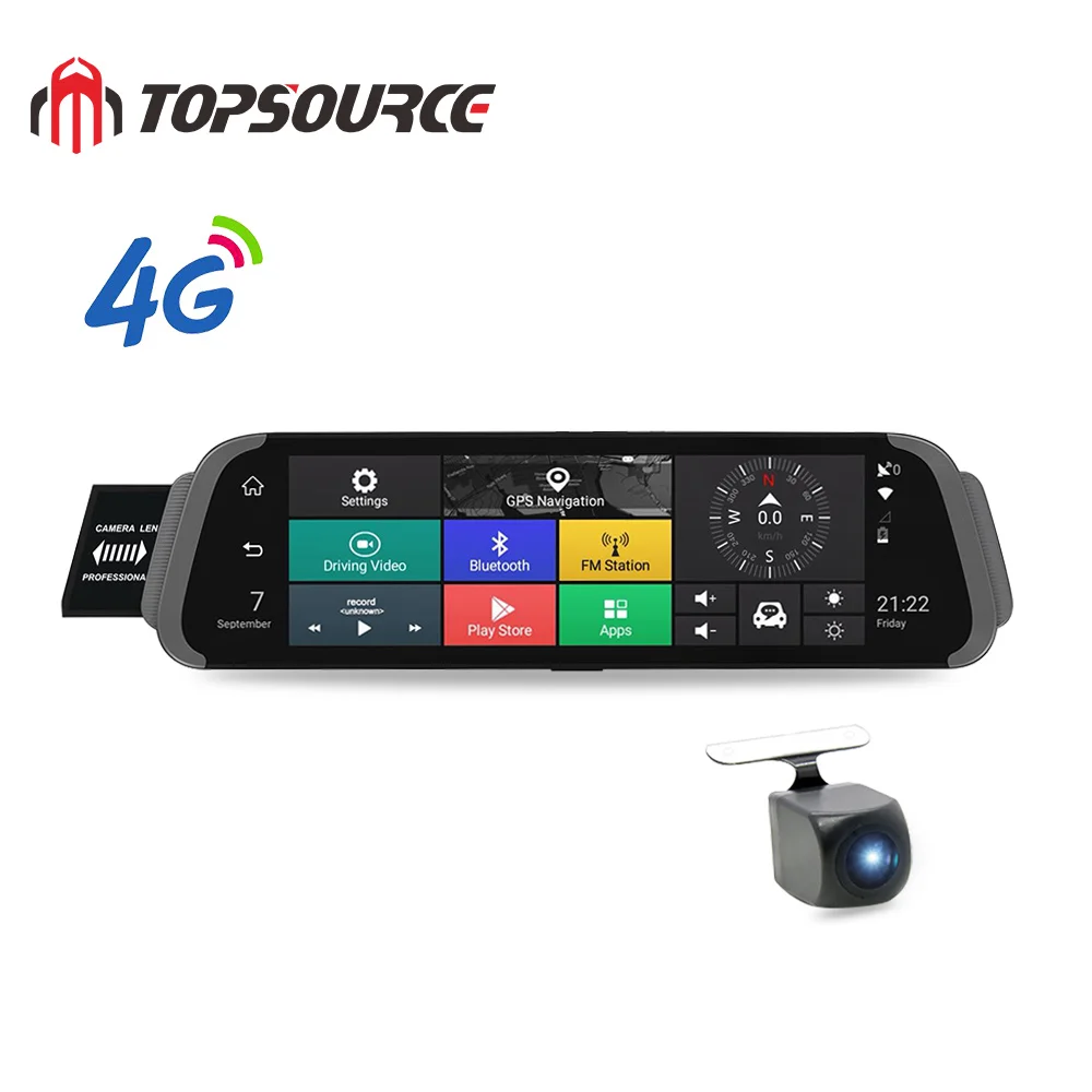 Автомобильный видеорегистратор TOPSOURCE Android 10 дюймов/4G двойной объектив зеркало