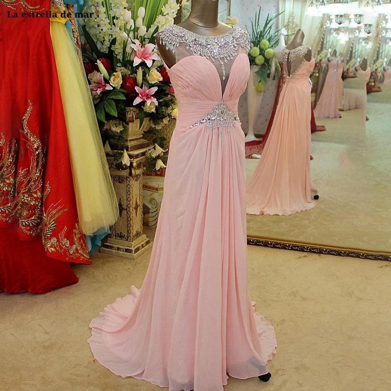 

Pink chiffon crystal prom dress new Scoop neck back open A Line gala jurken dames real photo vestido ceremonia mujer chic