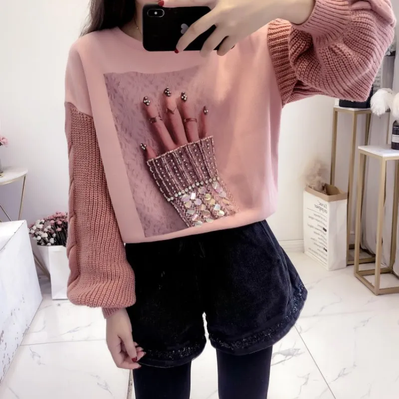 Женские расклешенные пуловеры с блестками и принтом в Корейском стиле осенние