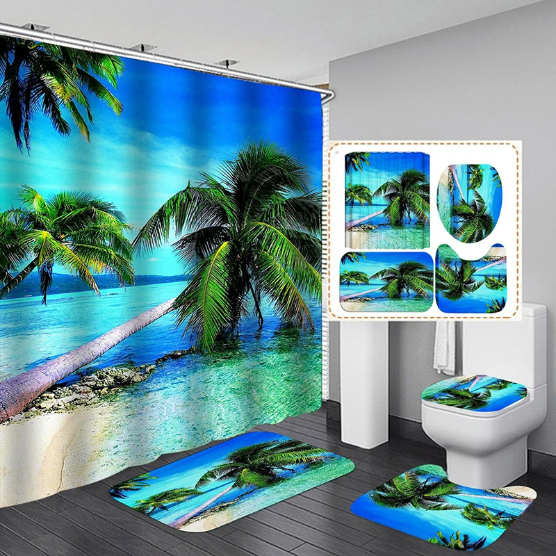 

3D Seaside Scenery Beach Shower Curtain Home Decor Curtain Waterproof Belt Hook