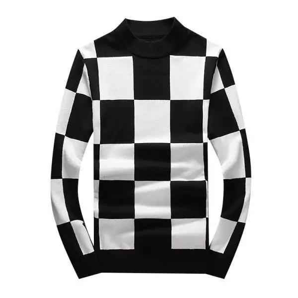 

Autumn and Winter Season New Long Sleeve round Neck Top Men 's Thickened Base Shirt Trend Black and White Check Color Block