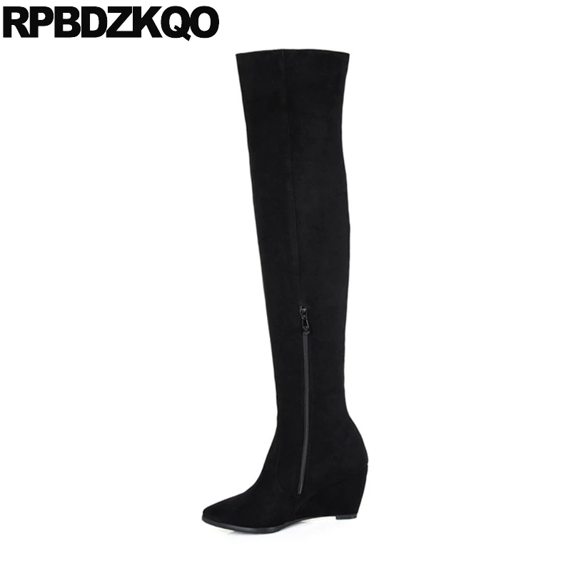 Женские высокие сапоги выше колена черные замшевые облегающие из овечьей шкуры с