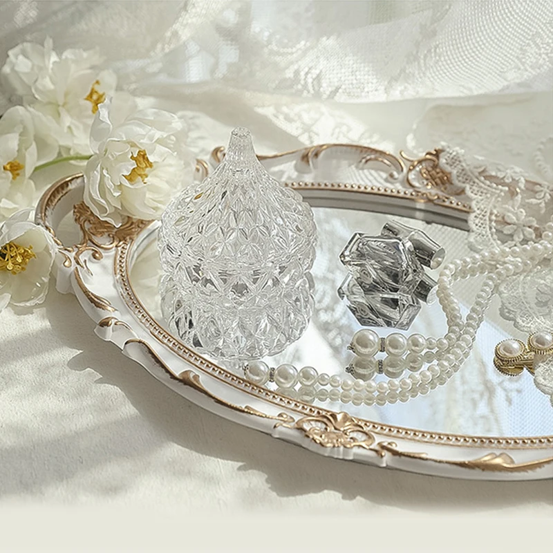 

In Stock Vintage Decorative Glass Mirror Tray Fruit Jewelry Display Storage Plate Desktop Ornaments 2021 New