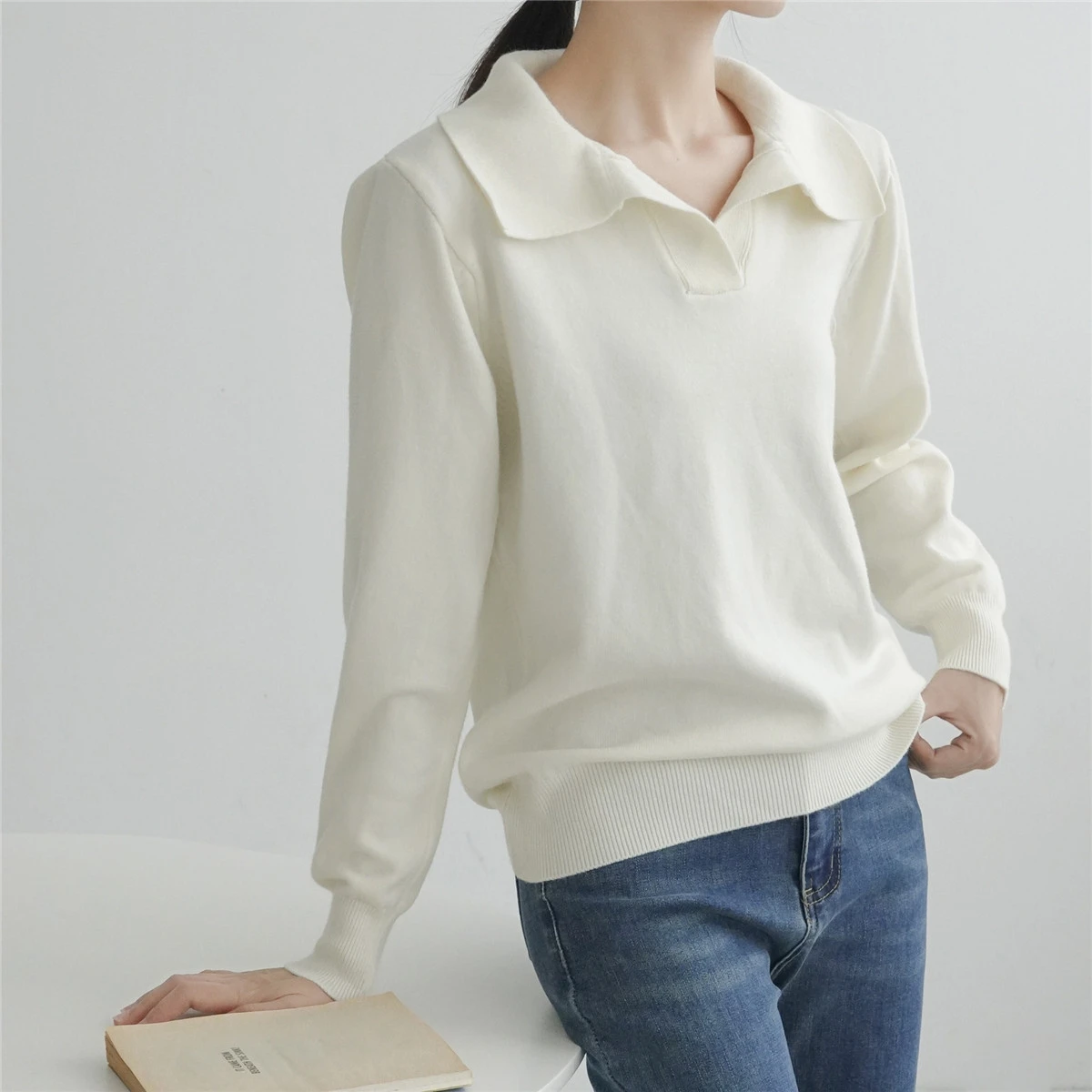 

Autumn and winter new style 100% pure wool ladies sweater shirt collar knit pullover pure color slim soft ladies sweater