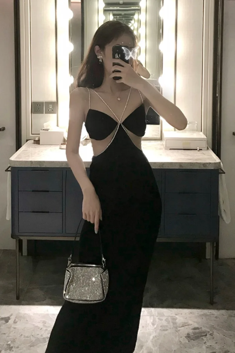 

French temperament little black dress spring/summer 2021 new sexy waist slimming mesh see-through dress female