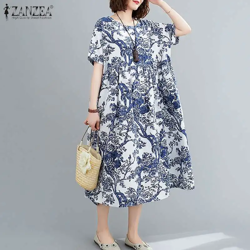 Платье ZANZEA женское винтажное летнее с цветочным принтом коротким рукавом