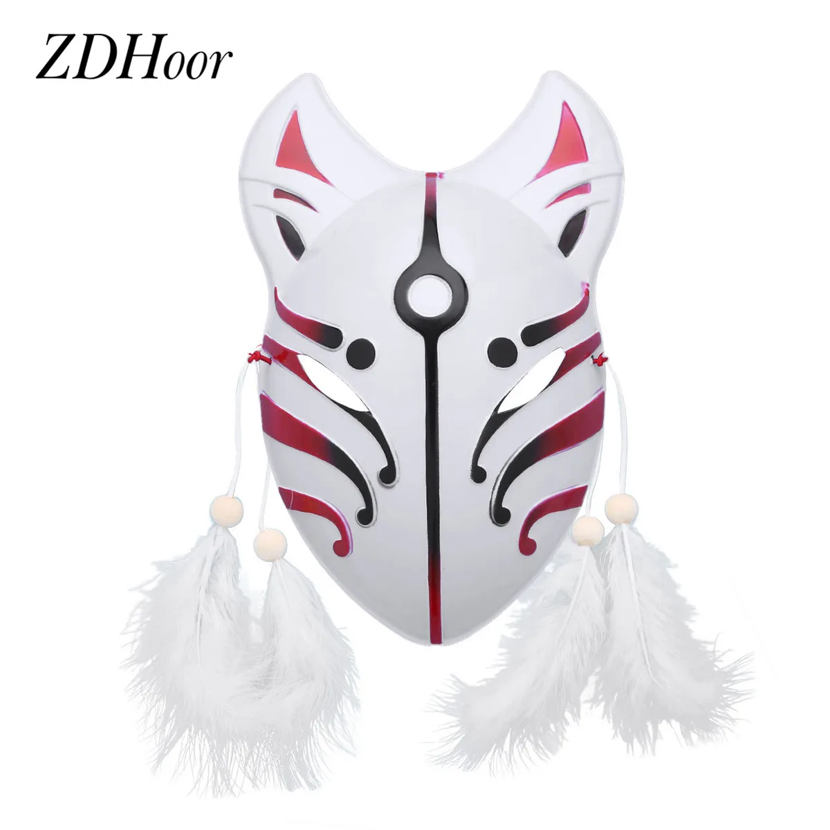 

Маска лисы японская с ручной росписью, маска из ПВХ с перьями и кисточками из лисы, аниме маскарад для вечеринки, праздничный бальный костюм