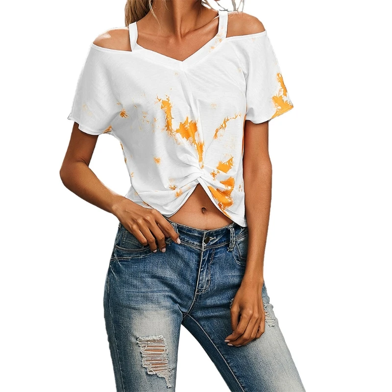 

Women Short Sleeve Summer Casual Tee Shirts T-Shirt Off The Shoulder Strap Tie-dye Printed Loose Tops Pullover M7DD
